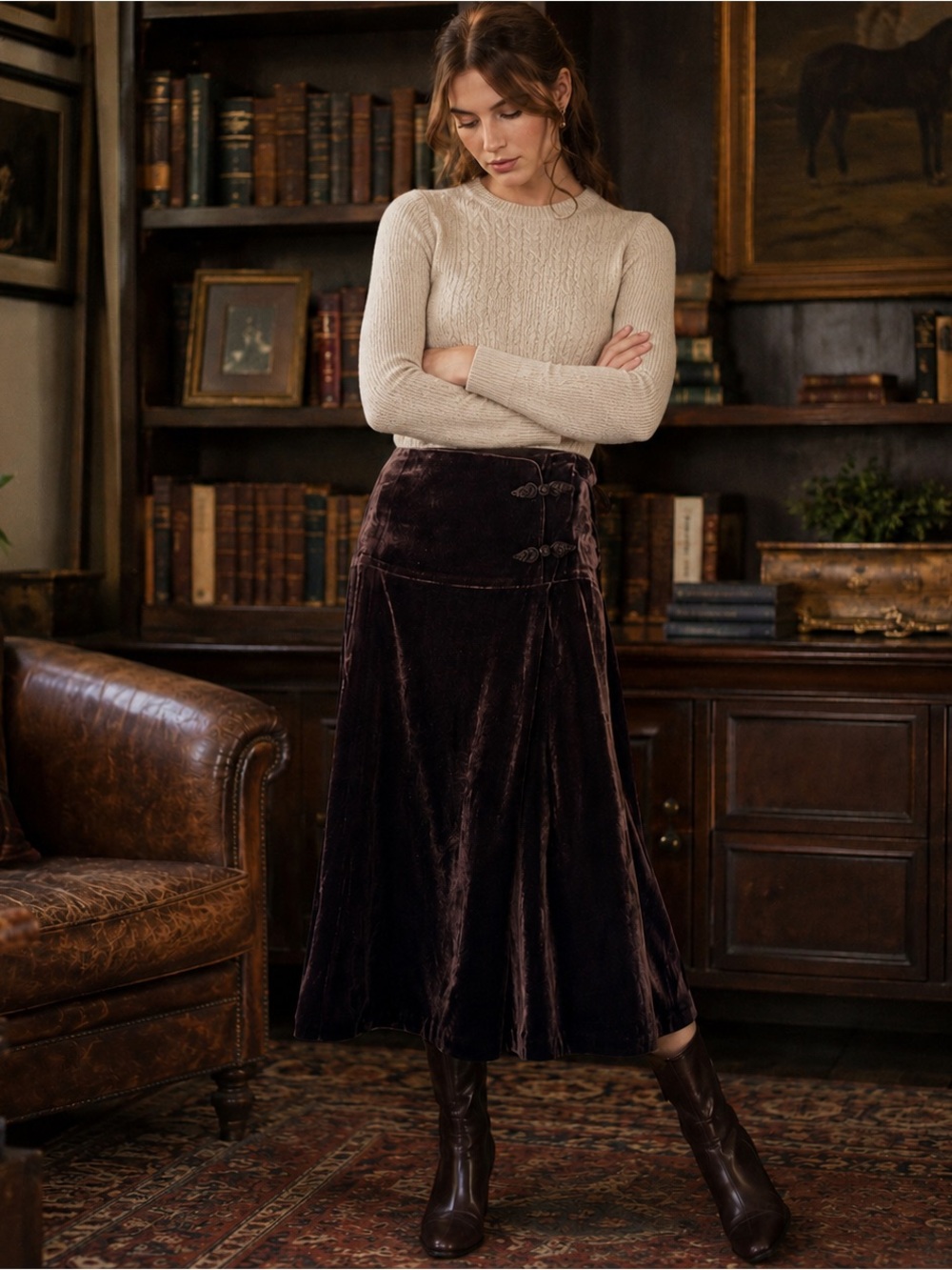 Garnet Hill Silk Blend Velvet Midi Skirt Decorative Frog Closures Brown 16
